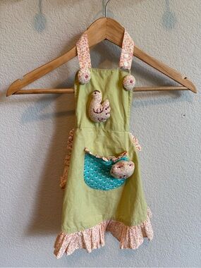 Anthropologie Adorable Green Childs Apron with Teal Pocket & Floral Ruffle